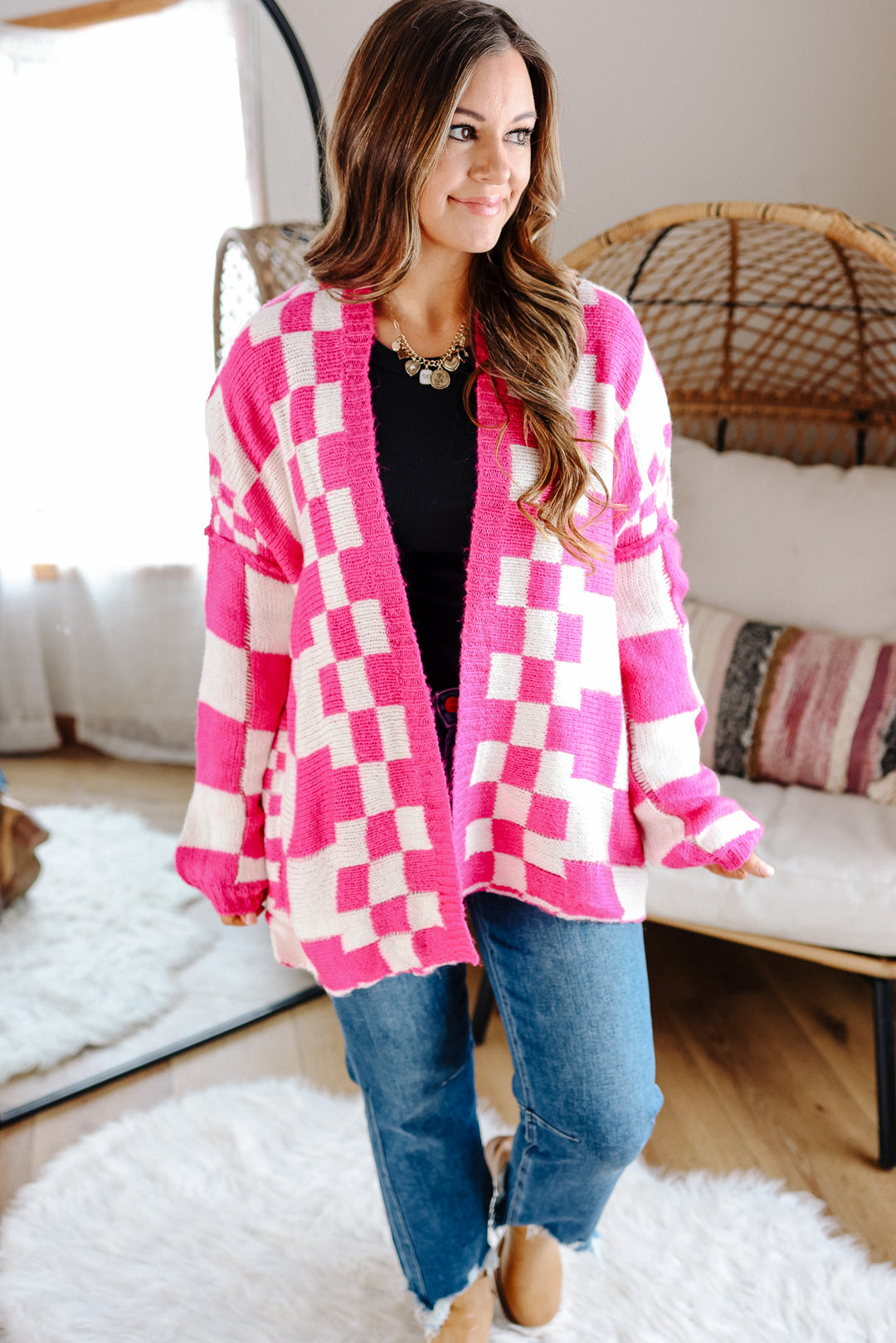 Haven Checkered Crochet Cardigan - Hot Pink