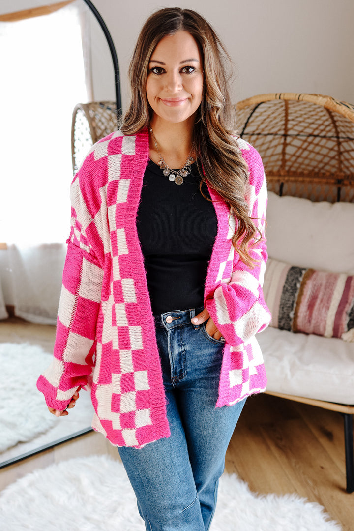 Haven Checkered Crochet Cardigan - Hot Pink