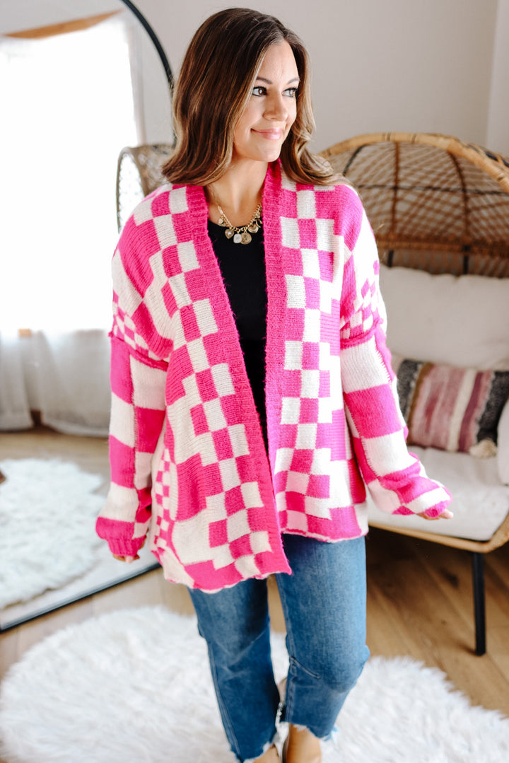 Haven Checkered Crochet Cardigan - Hot Pink