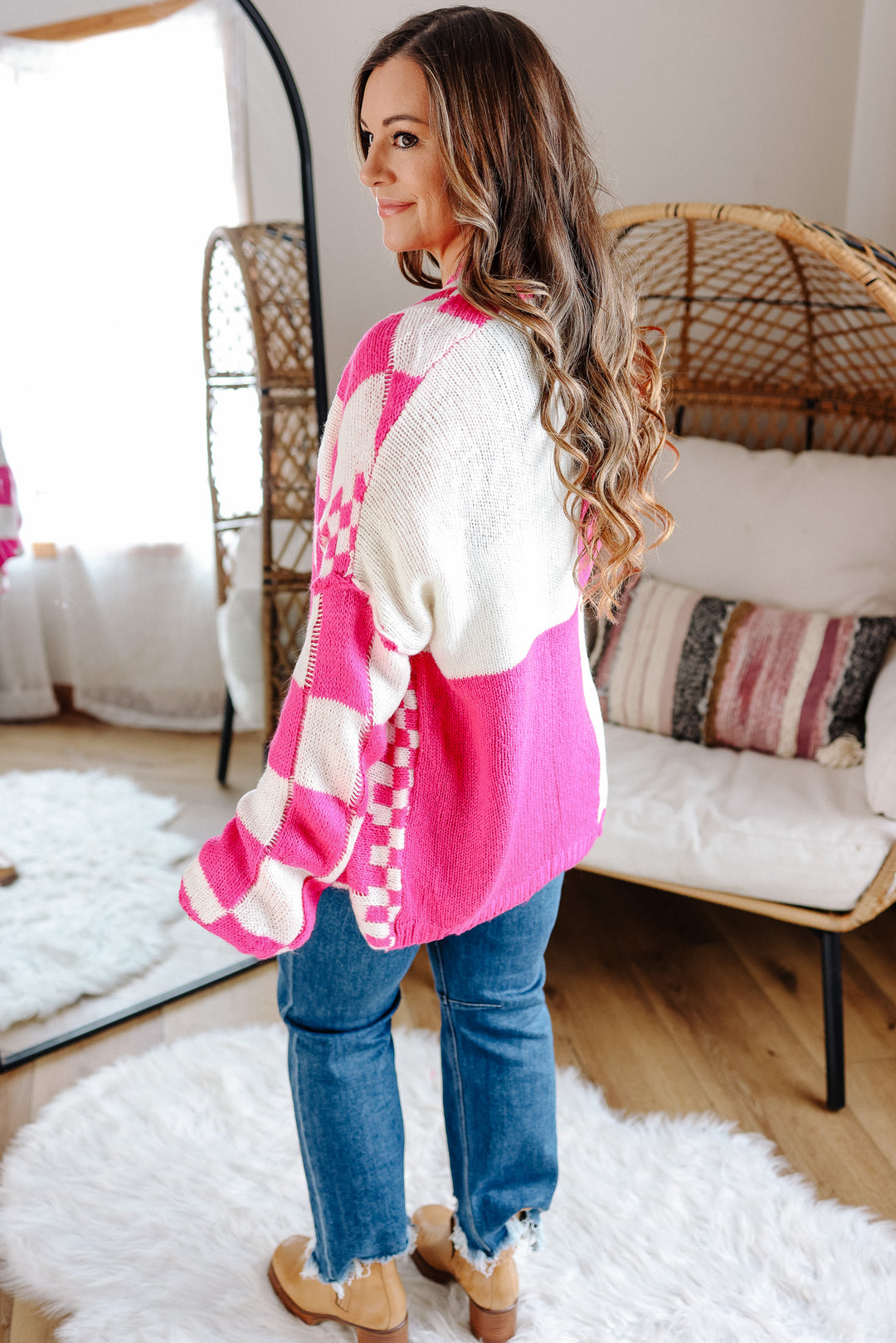 Haven Checkered Crochet Cardigan - Hot Pink