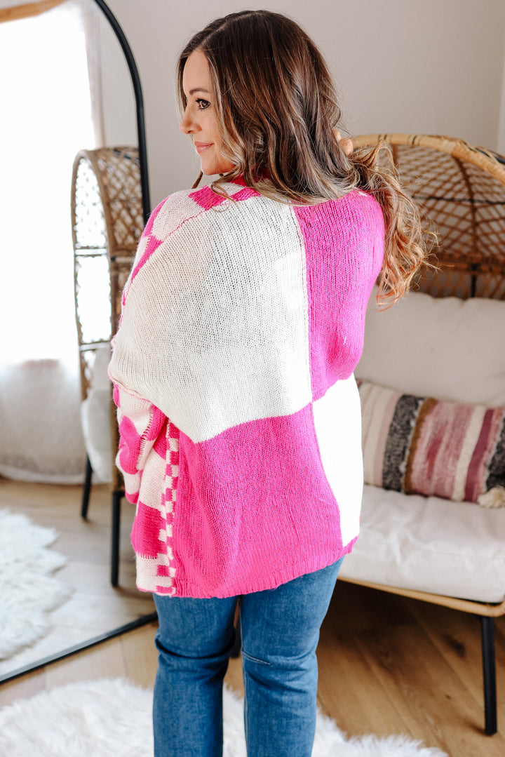 Haven Checkered Crochet Cardigan - Hot Pink