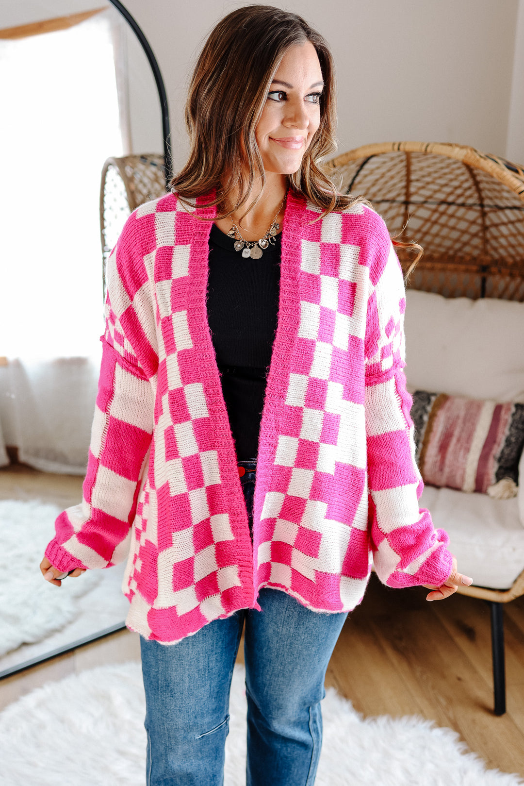 Haven Checkered Crochet Cardigan - Hot Pink