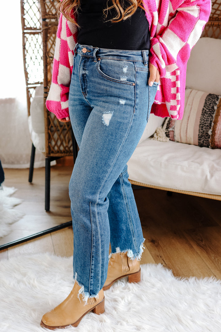 RISEN: MACI HIGH RISE CROP STRAIGHT JEANS - DARK WASH