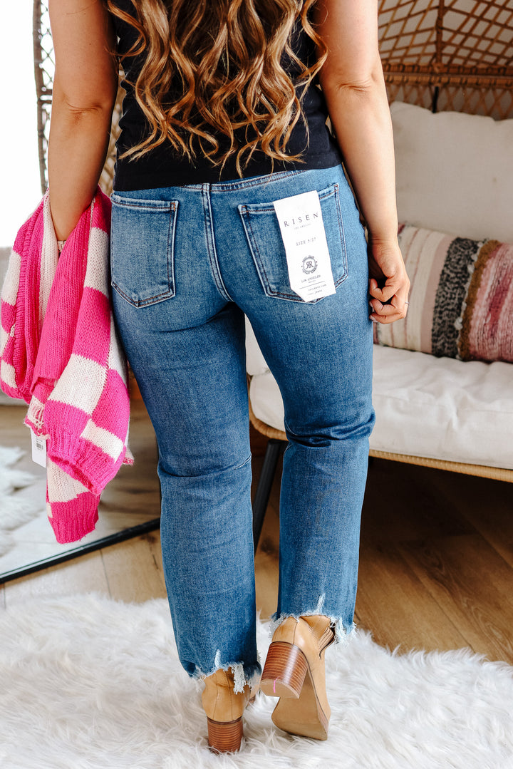 RISEN: MACI HIGH RISE CROP STRAIGHT JEANS - DARK WASH