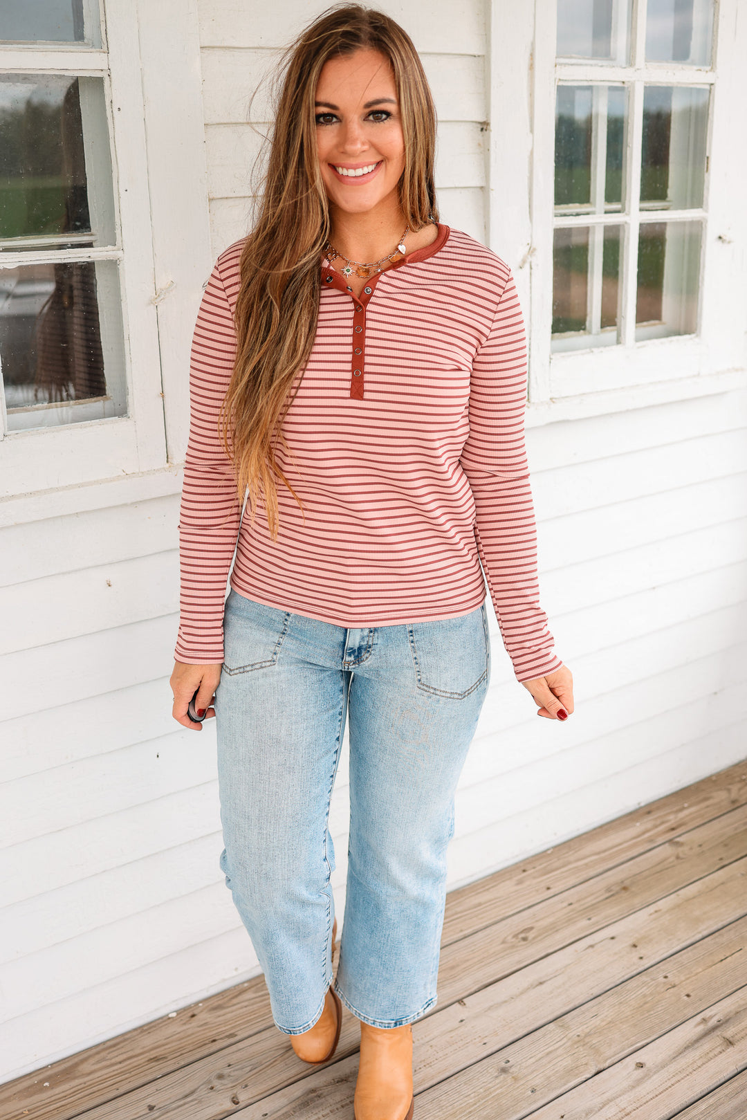 Alyssa Half Snap Button Stripe Top - Blush