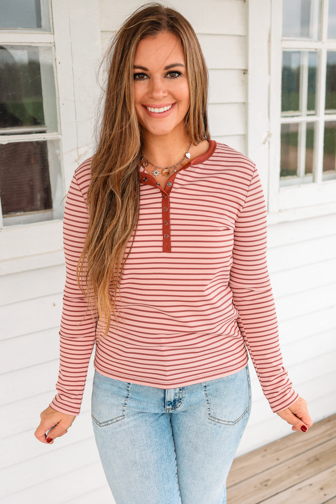Alyssa Half Snap Button Stripe Top - Blush