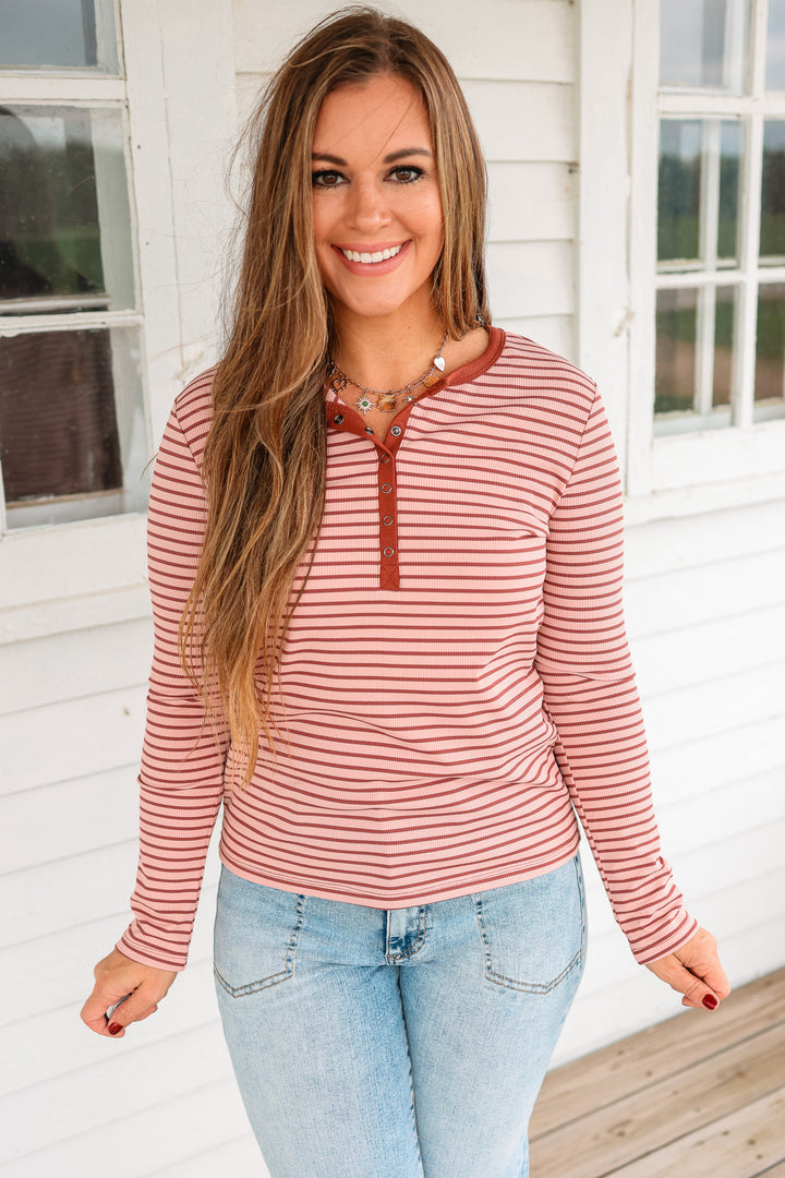 Alyssa Half Snap Button Stripe Top - Blush