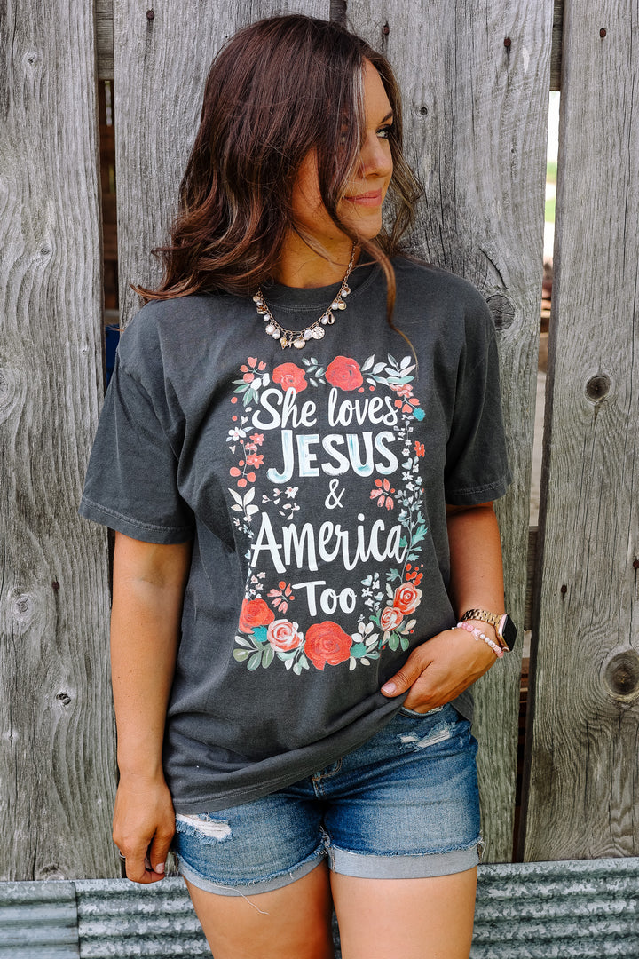 She Loves Jesus & America Too Graphic Tee - Pepper