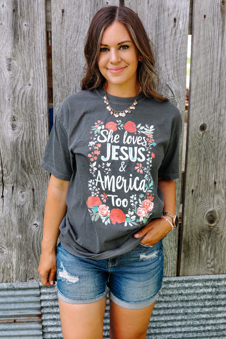 She Loves Jesus & America Too Graphic Tee - Pepper
