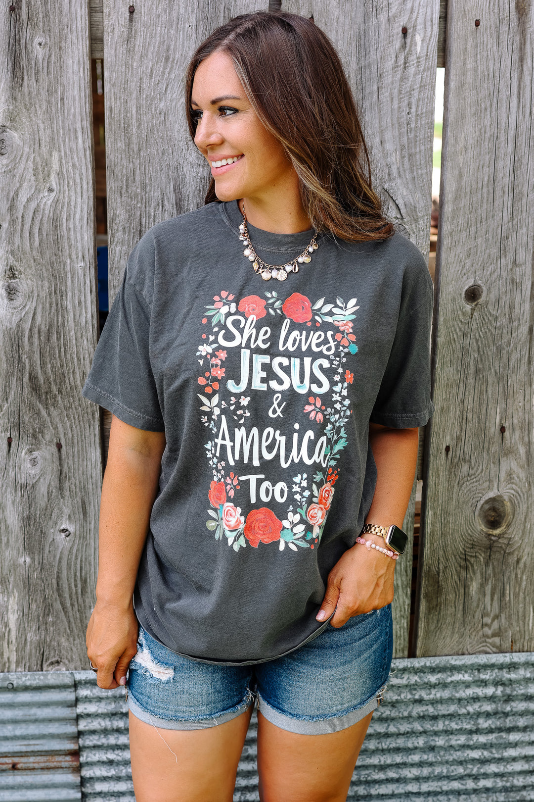 She Loves Jesus & America Too Graphic Tee - Pepper