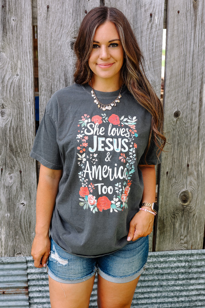 She Loves Jesus & America Too Graphic Tee - Pepper