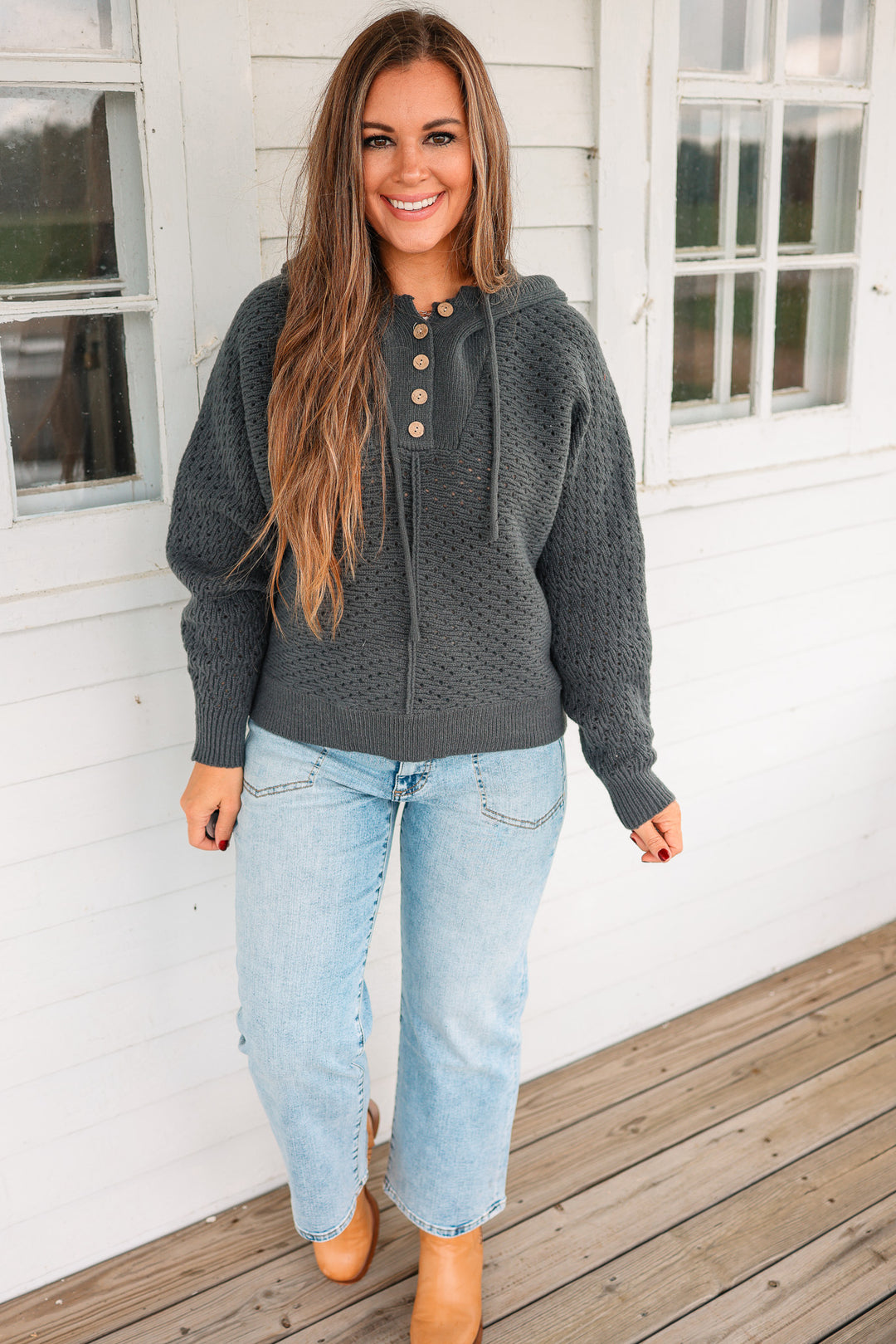 Kelsey Half Button Hoodie Sweater - Char