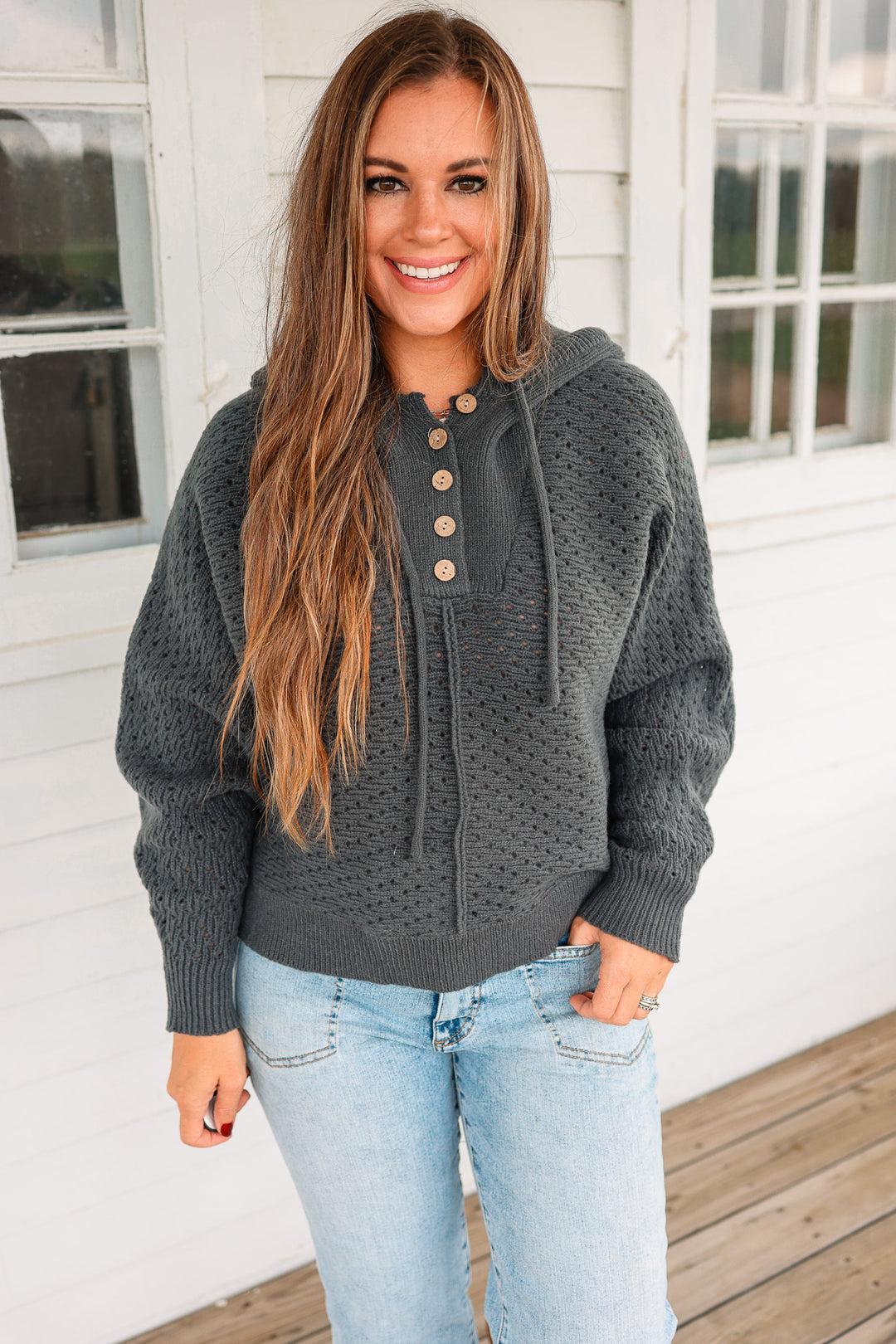 Kelsey Half Button Hoodie Sweater - Char