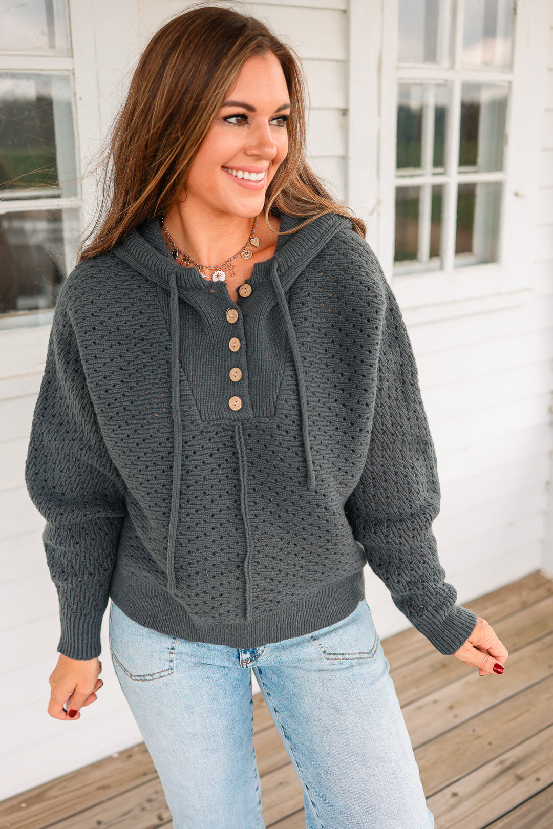 Kelsey Half Button Hoodie Sweater - Char