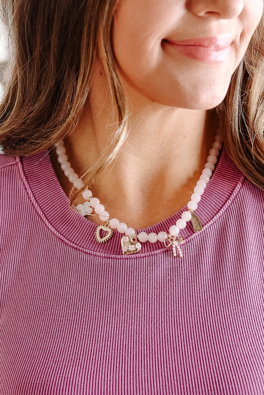 Beaded Heart Bow Clover Charm Necklace