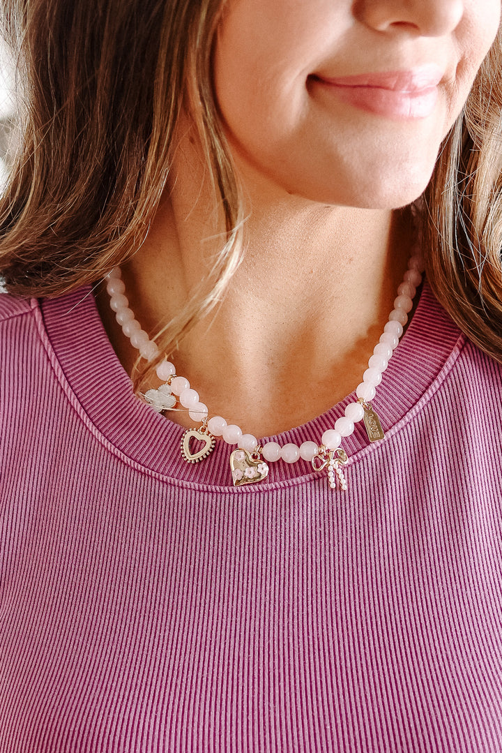 Beaded Heart Bow Clover Charm Necklace