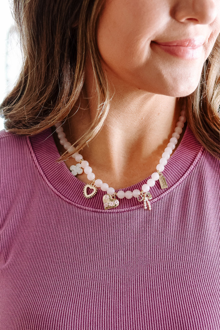 Beaded Heart Bow Clover Charm Necklace
