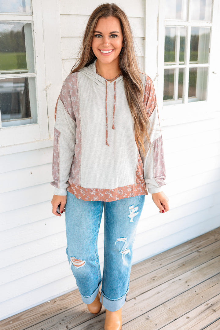 Heather Rib Knit Floral Color Block Hoodie - Light Grey