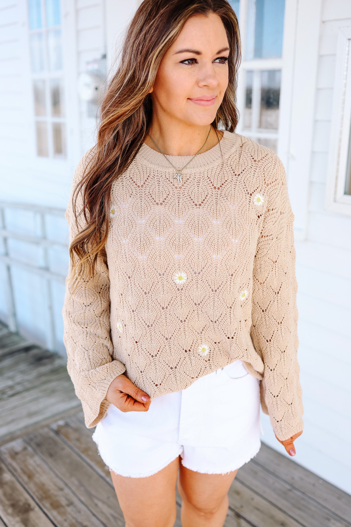 Daisy Embroidered Bell Sleeve Sweater