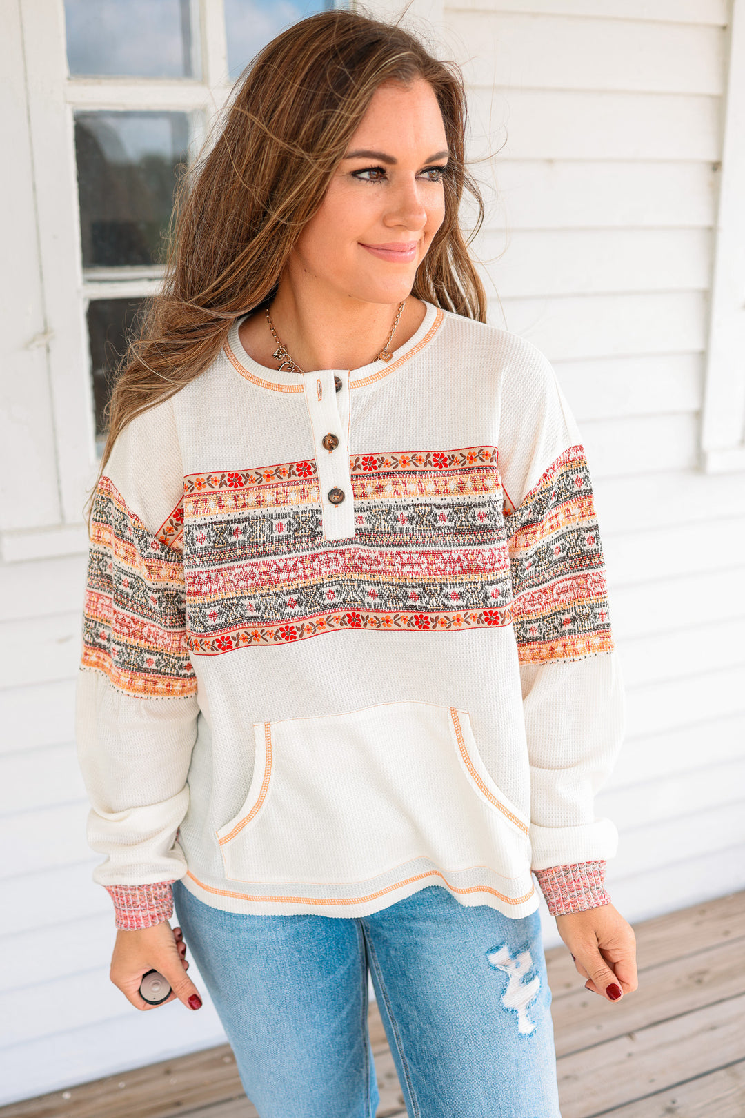 Edie Jacquard Mix Waffle Henley Top