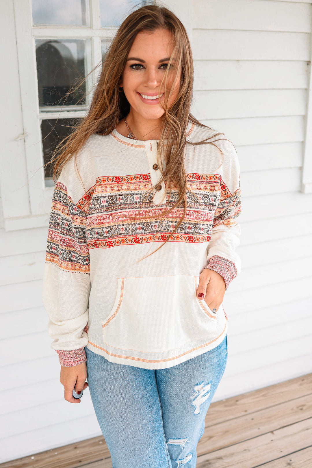 Edie Jacquard Mix Waffle Henley Top