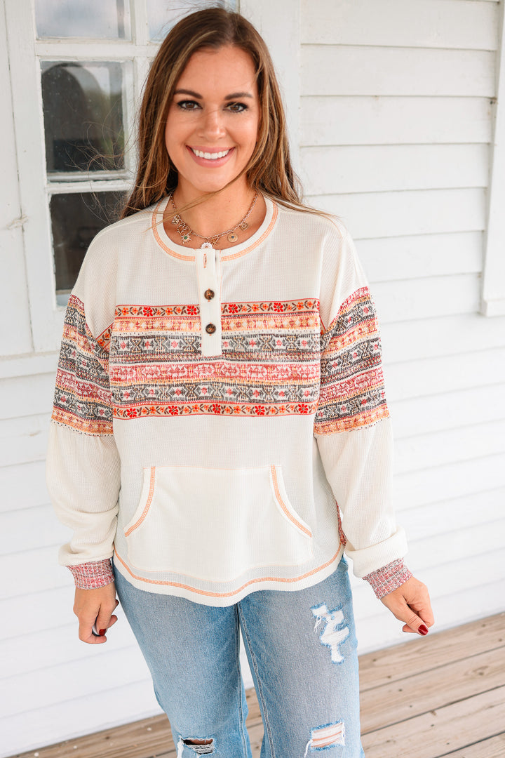 Edie Jacquard Mix Waffle Henley Top