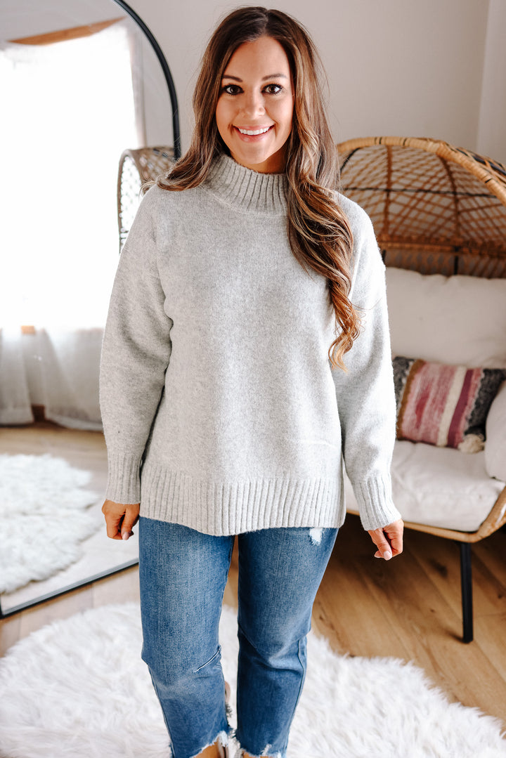 Della Ribbed Trim Mock Neck Sweater - Silver