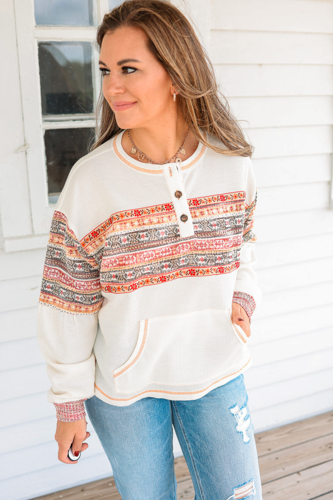 Edie Jacquard Mix Waffle Henley Top