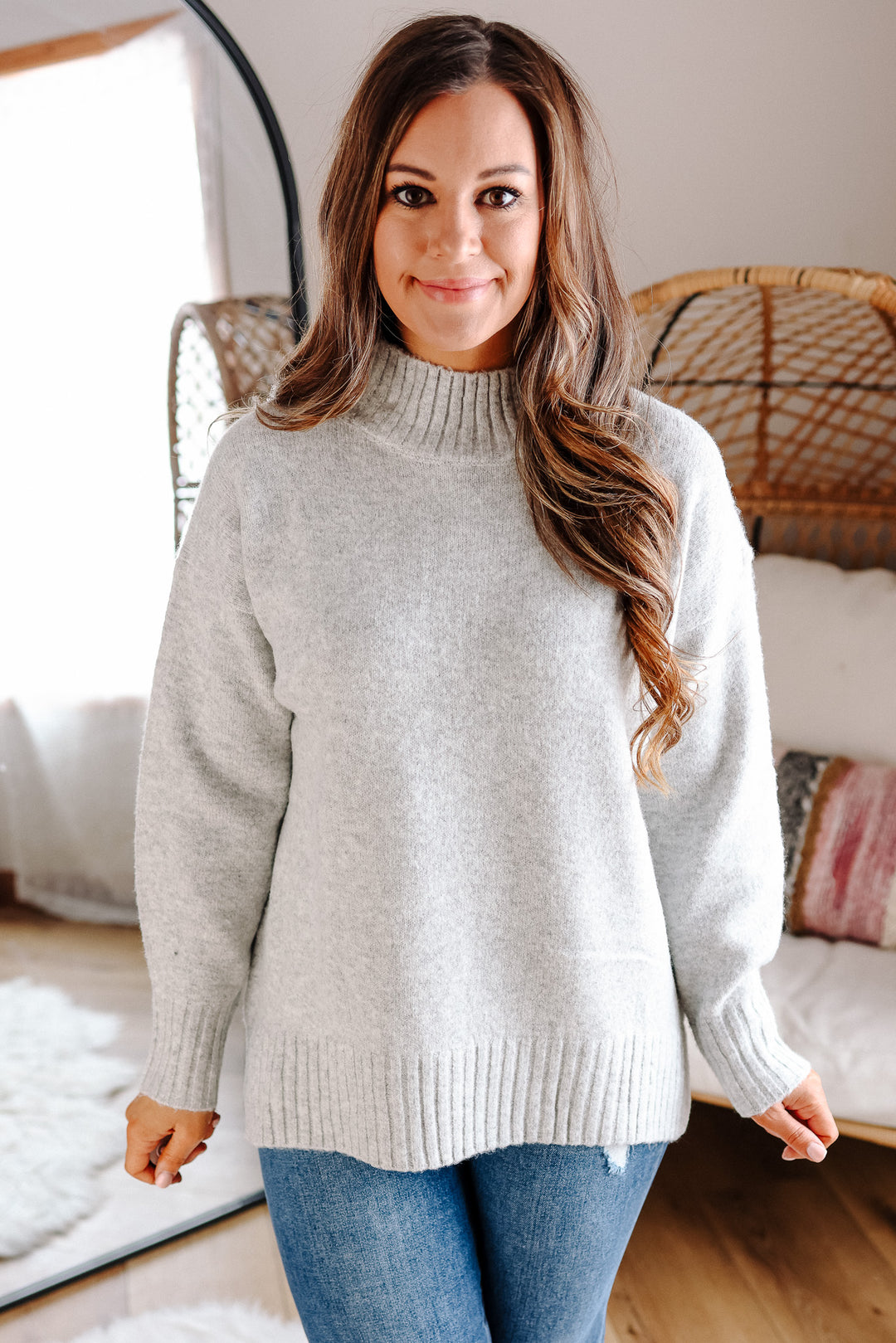 Della Ribbed Trim Mock Neck Sweater - Silver