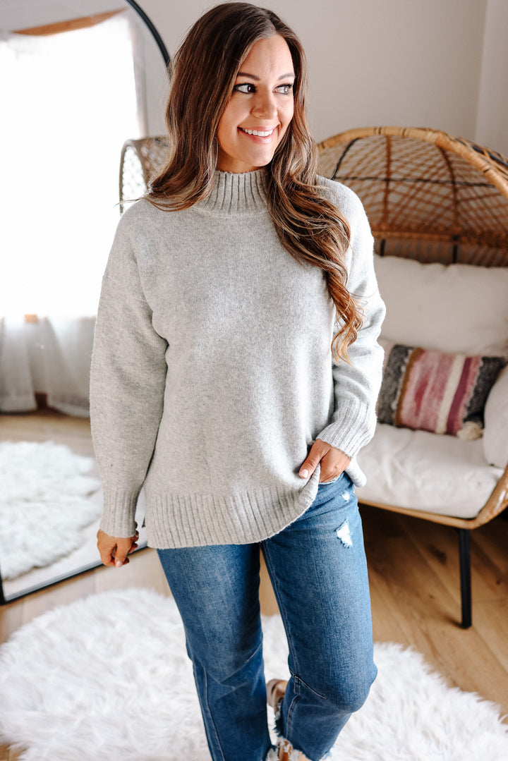 Della Ribbed Trim Mock Neck Sweater - Silver