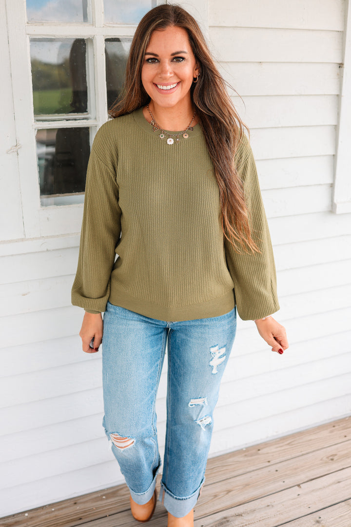 Roslyn Textured Balloon Sleeve Sweater - Olive