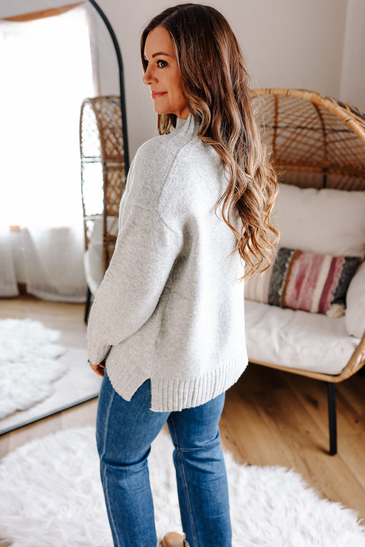 Della Ribbed Trim Mock Neck Sweater - Silver