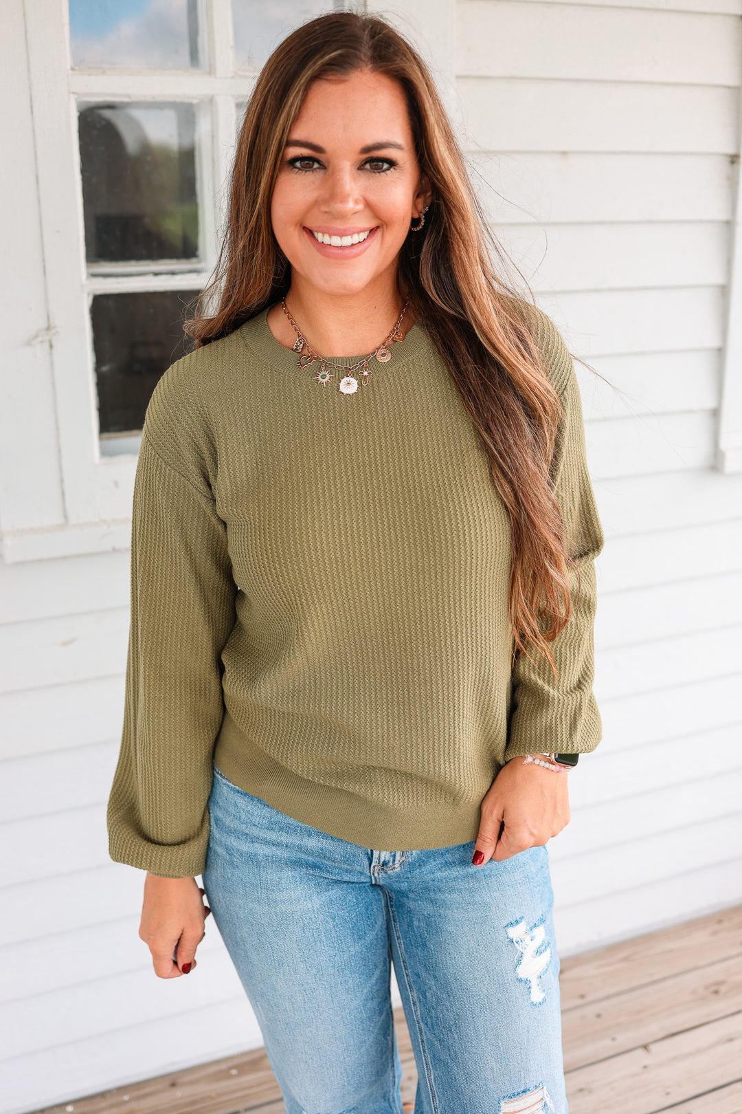 Roslyn Textured Balloon Sleeve Sweater - Olive