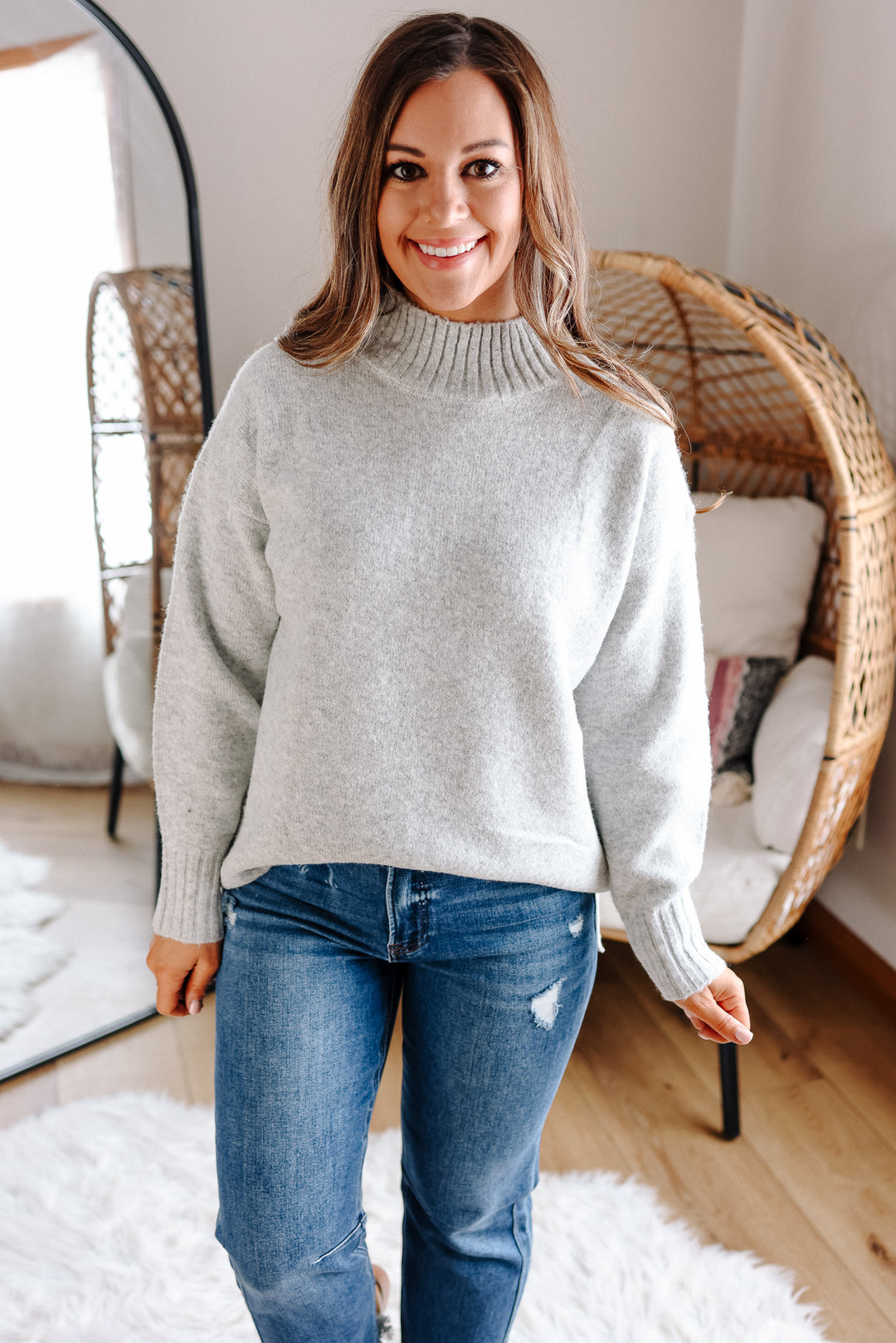 Della Ribbed Trim Mock Neck Sweater - Silver