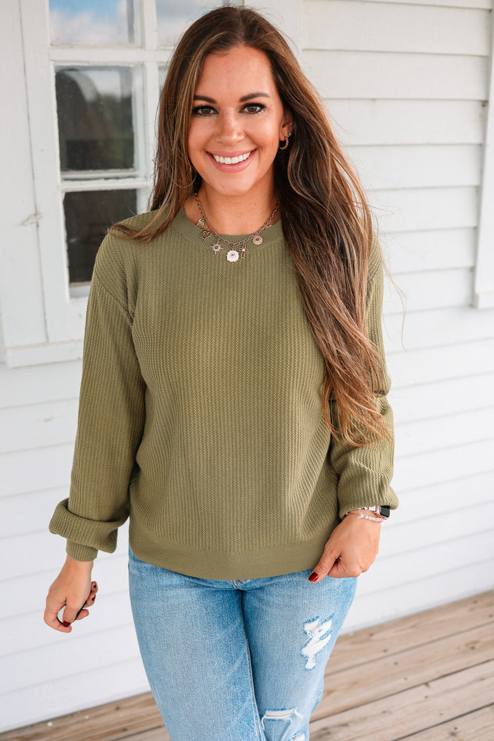Roslyn Textured Balloon Sleeve Sweater - Olive