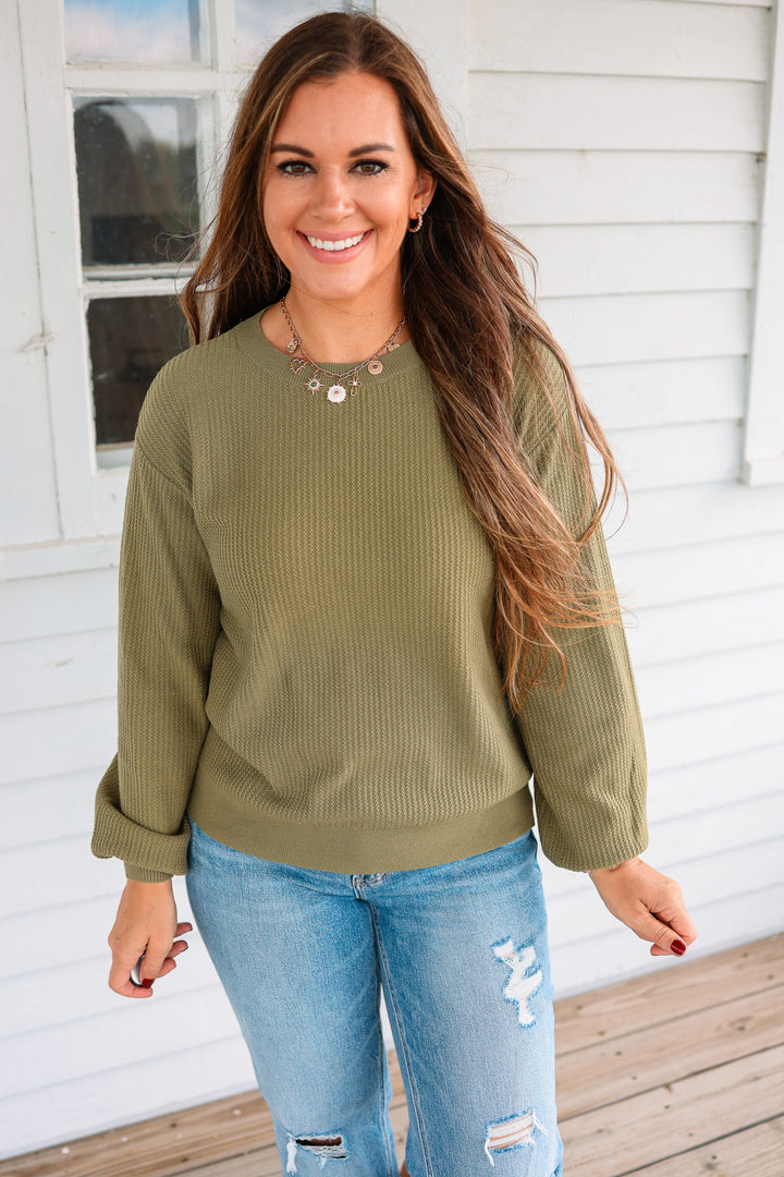 Roslyn Textured Balloon Sleeve Sweater - Olive
