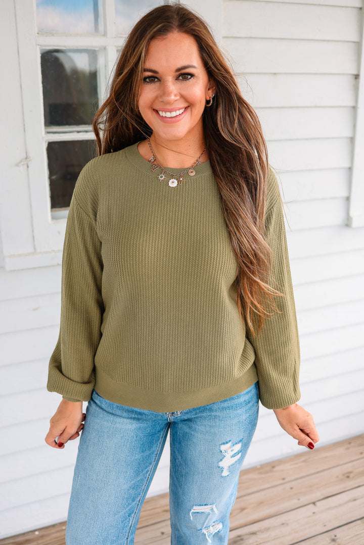 Roslyn Textured Balloon Sleeve Sweater - Olive