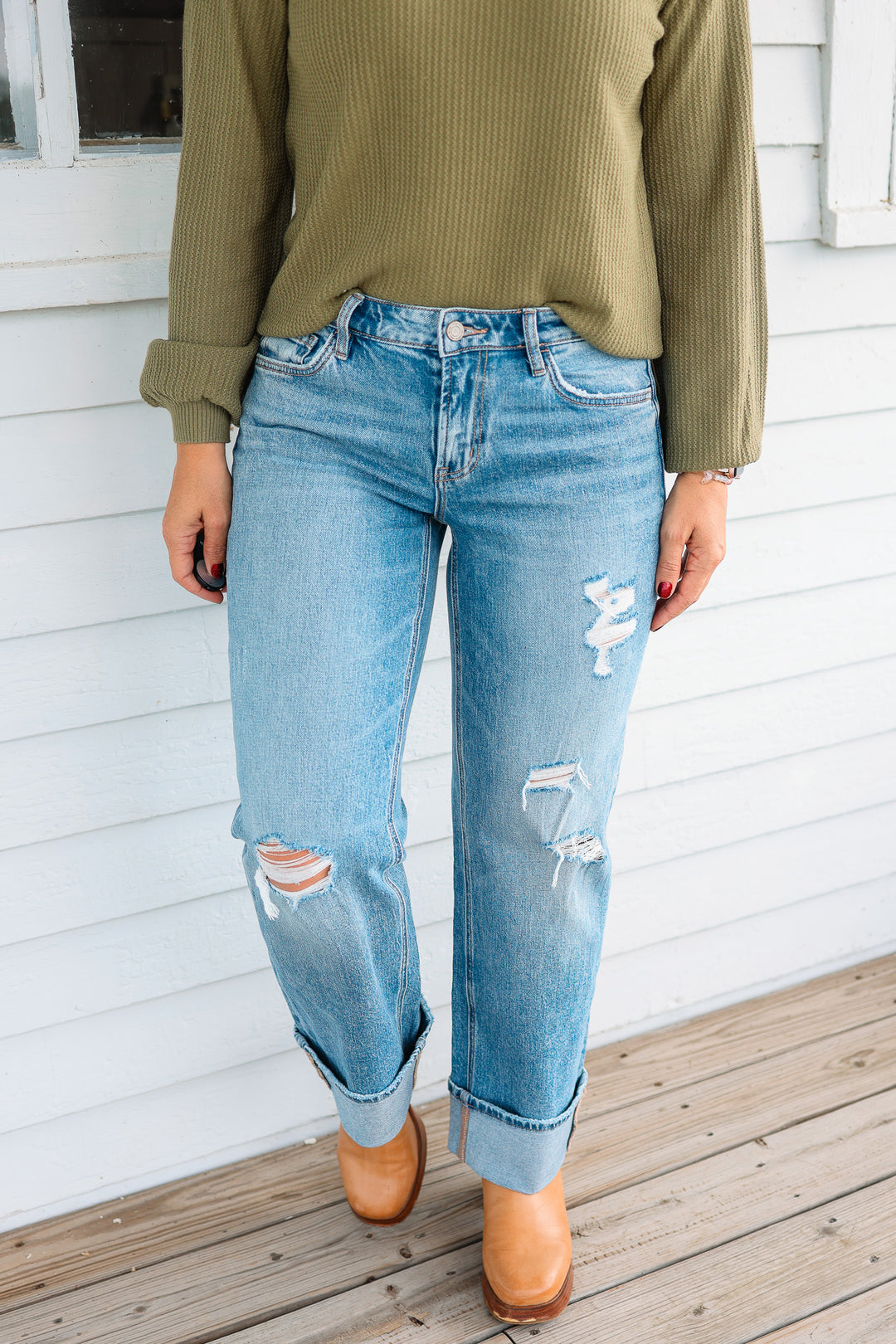 VERVET: Murphy Mid Rise Distressed Cuffed Jeans