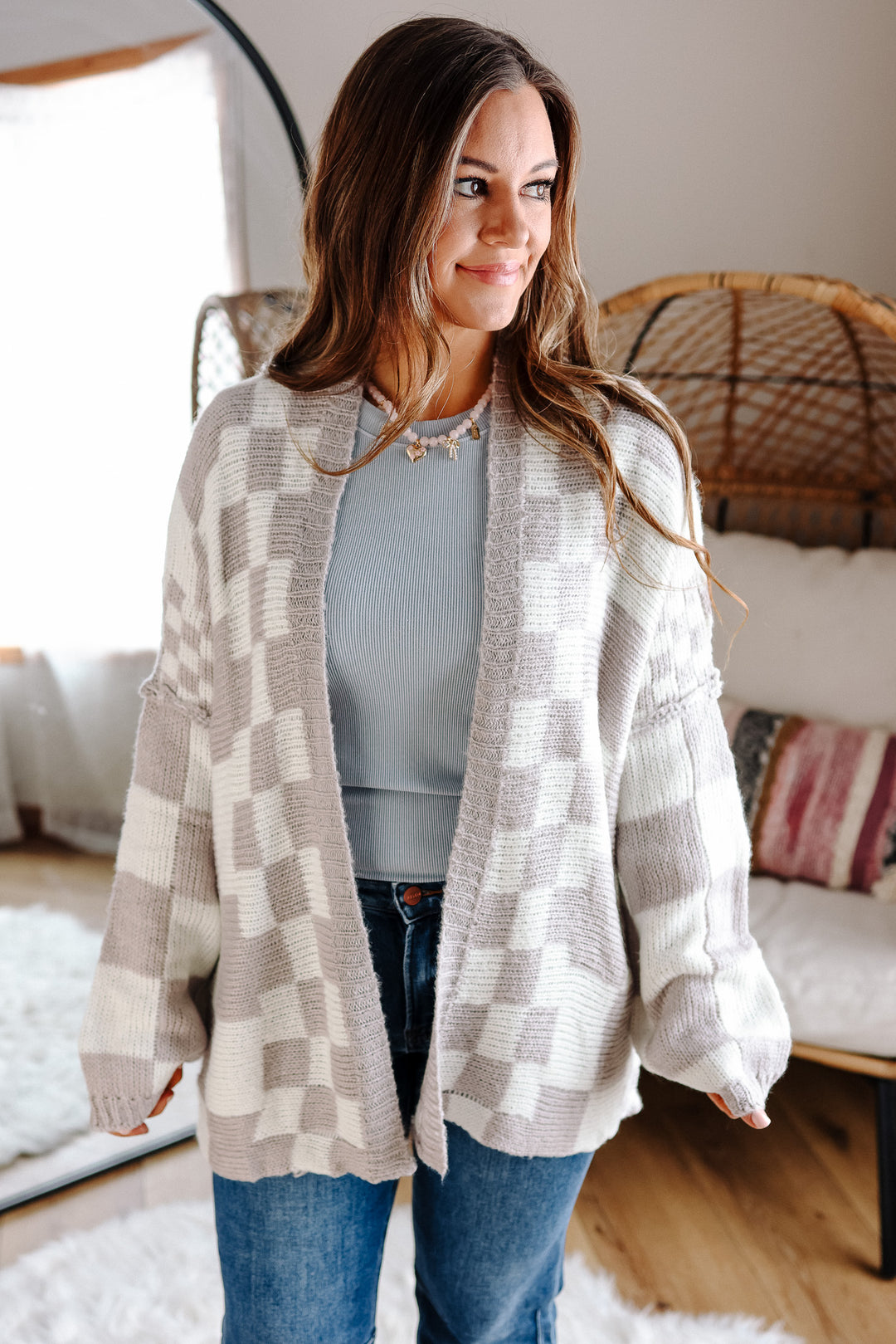 Haven Checkered Crochet Cardigan - Silver