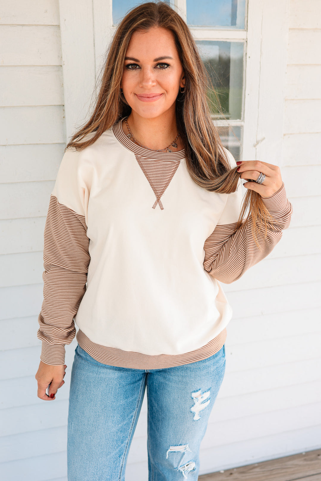 Callan Stripe Contrasted Sweatshirt - Camel