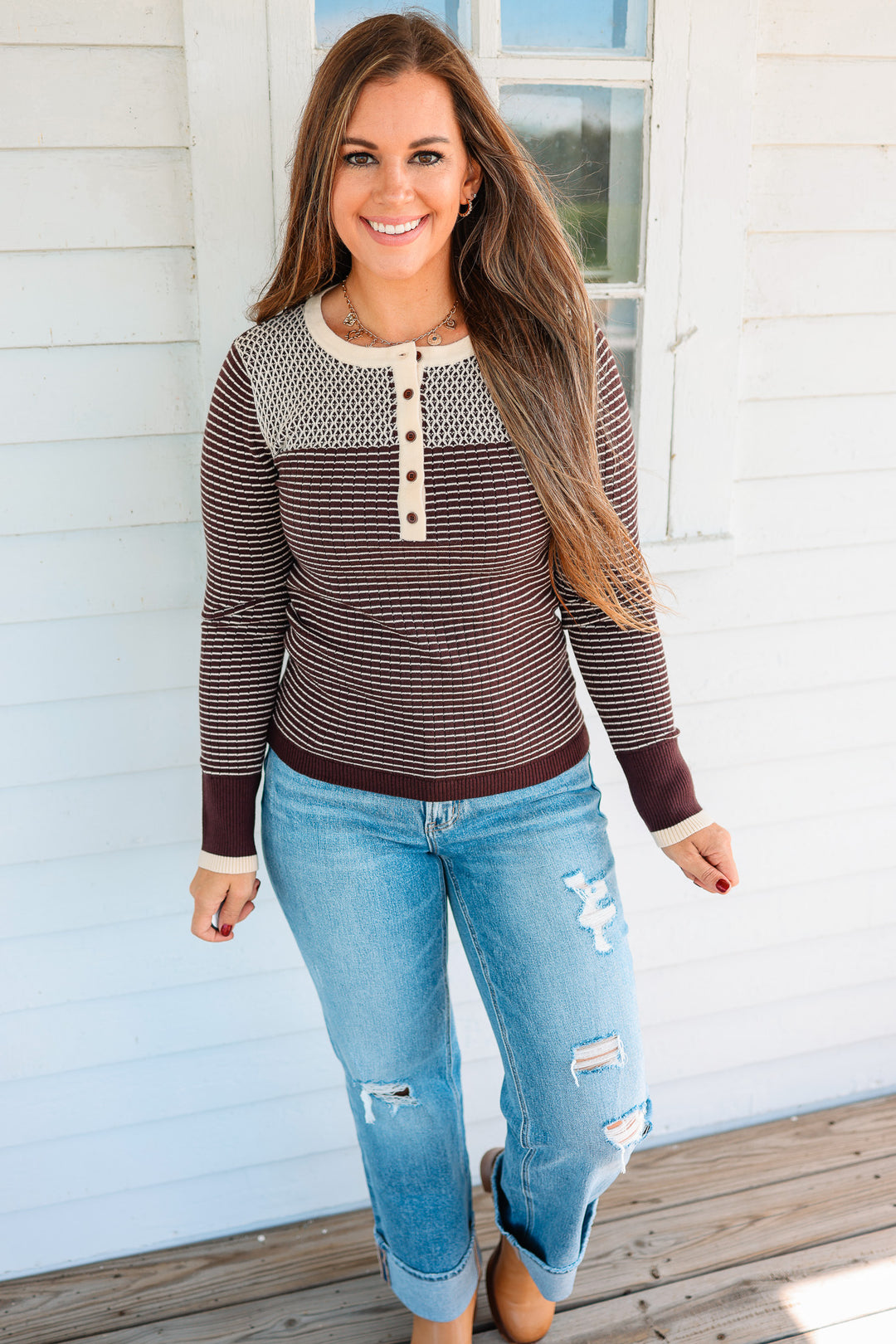 Mia Diamond Stitch and Stripes Thermal Top - Eggplant