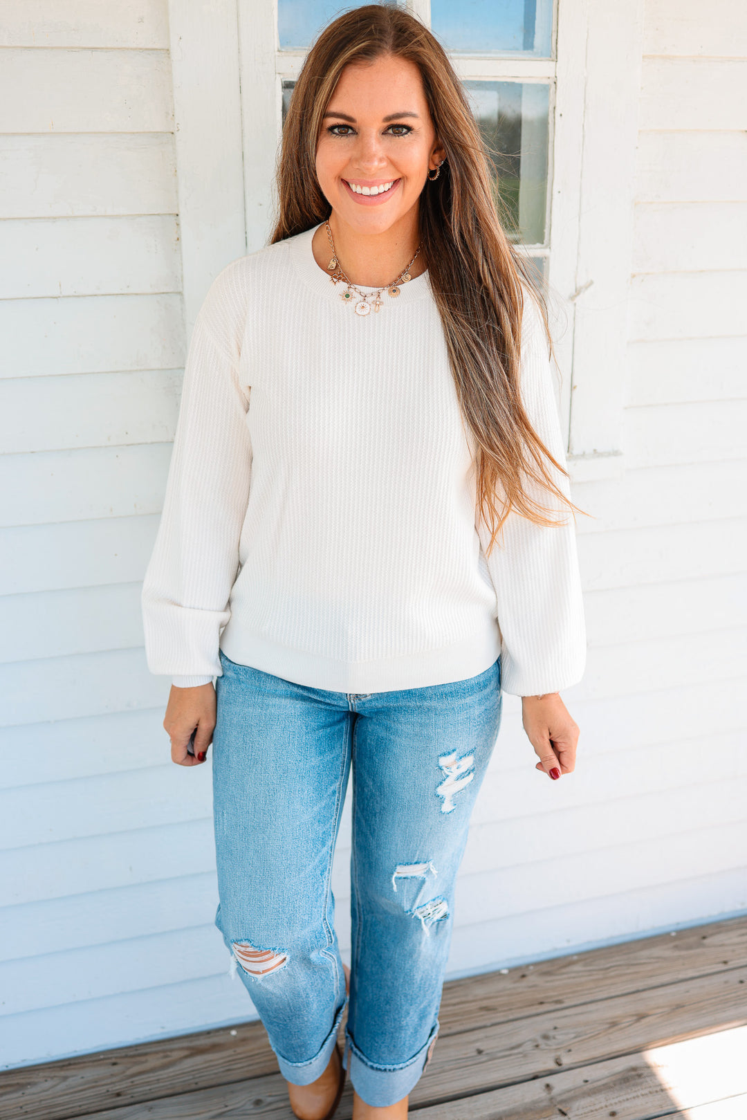 Roslyn Textured Balloon Sleeve Sweater - Ivory