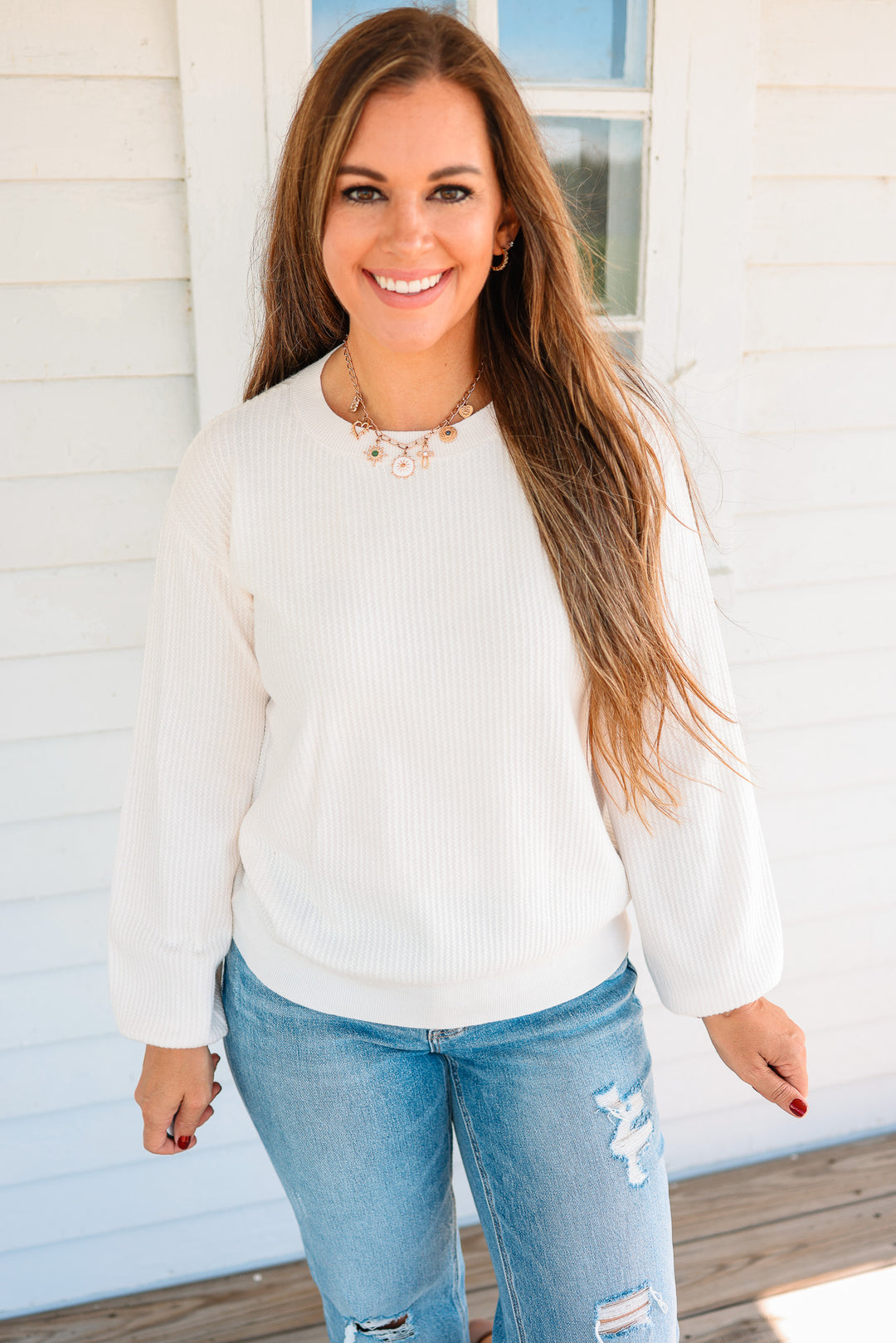 Roslyn Textured Balloon Sleeve Sweater - Ivory