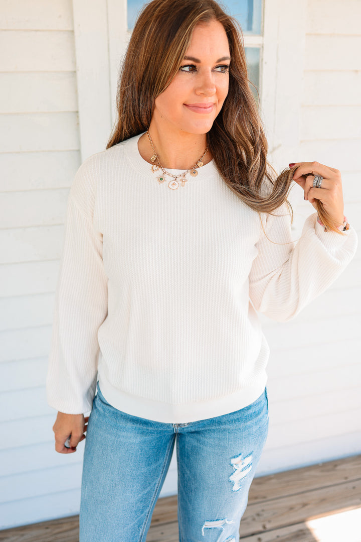 Roslyn Textured Balloon Sleeve Sweater - Ivory