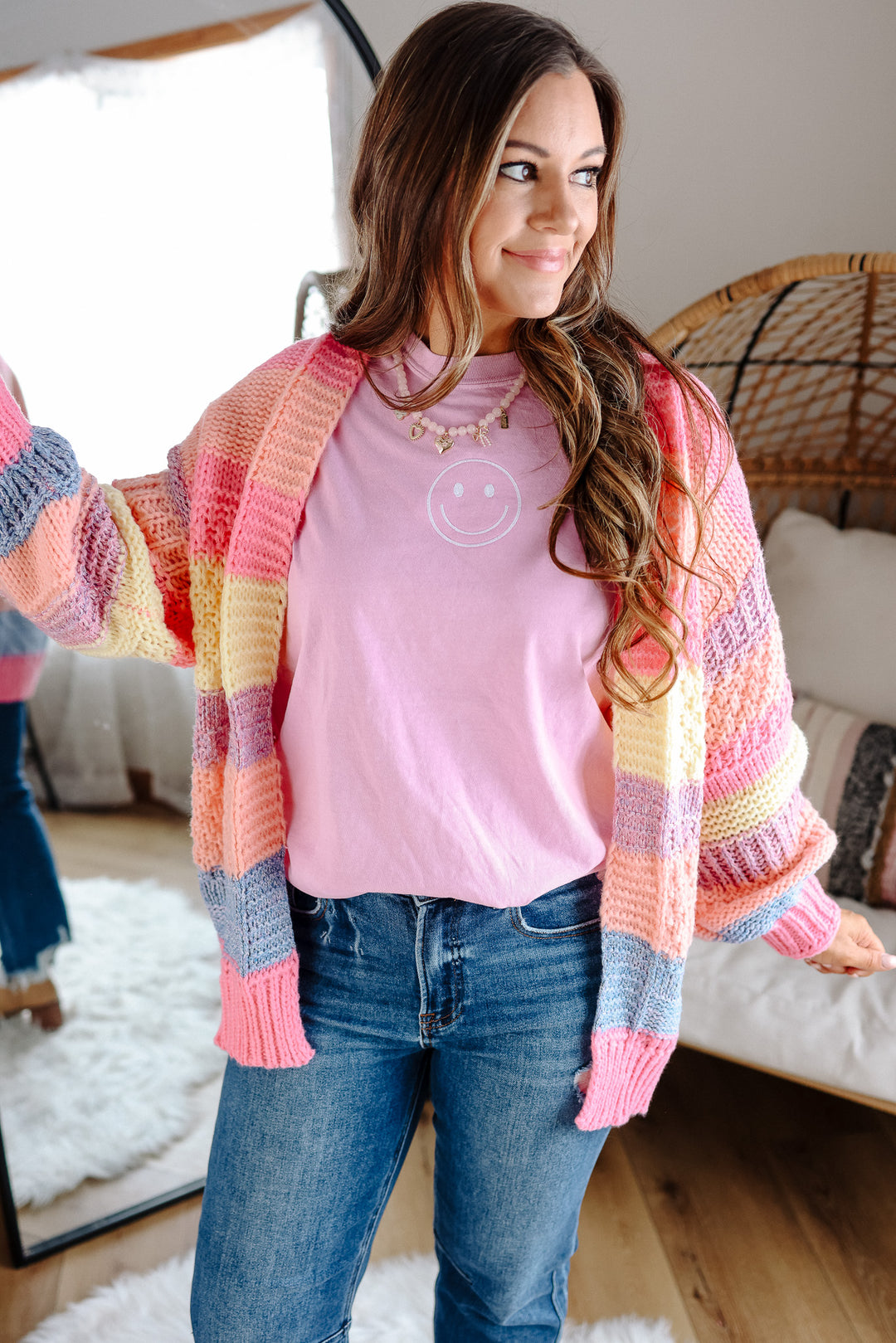 Smile Embroidered Graphic Tee - Rose Quartz