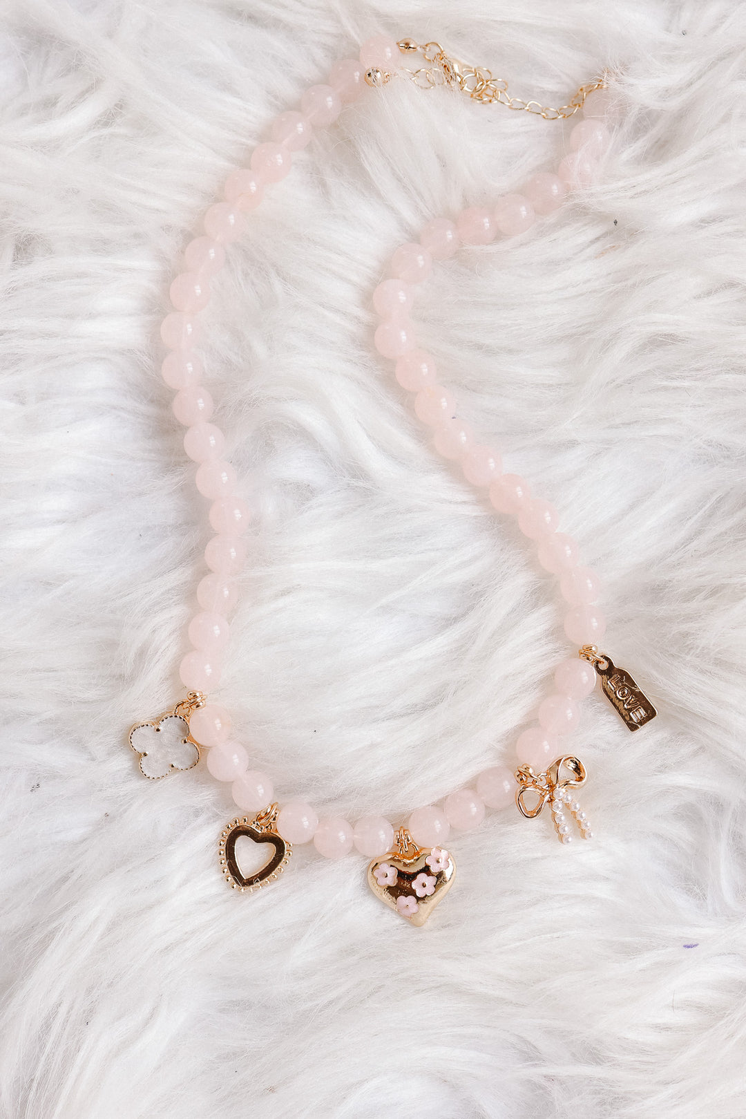 Beaded Heart Bow Clover Charm Necklace