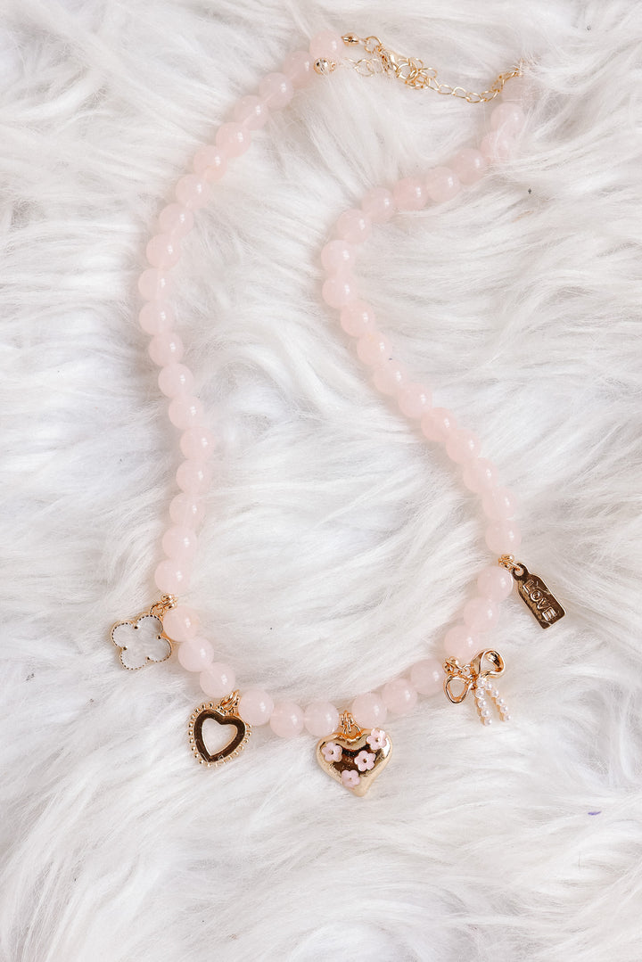 Beaded Heart Bow Clover Charm Necklace