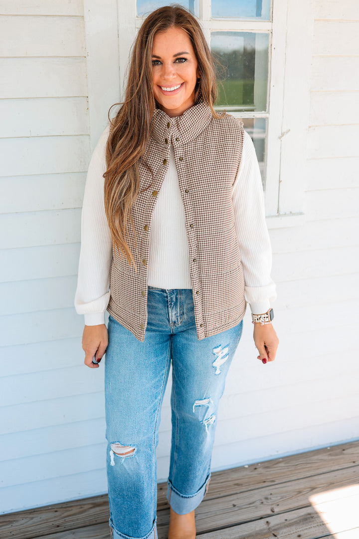 Josie Gingham Puffer Vest - Caramel