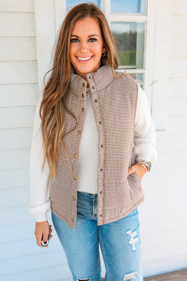 Josie Gingham Puffer Vest - Caramel
