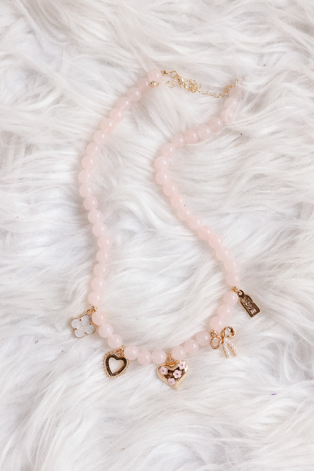 Beaded Heart Bow Clover Charm Necklace
